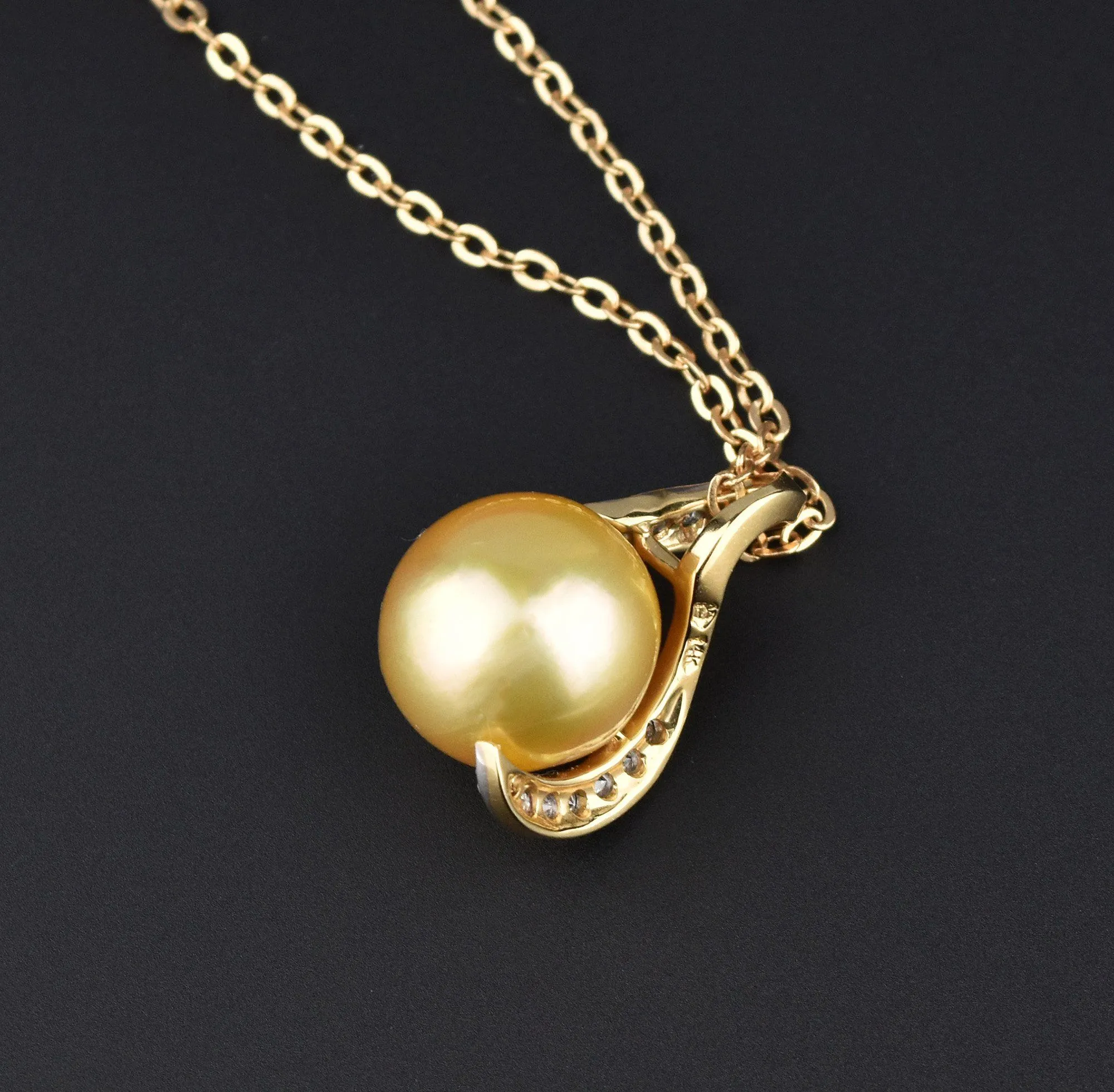 14K Gold Golden Pearl .30 Carat Diamond Pendant Necklace