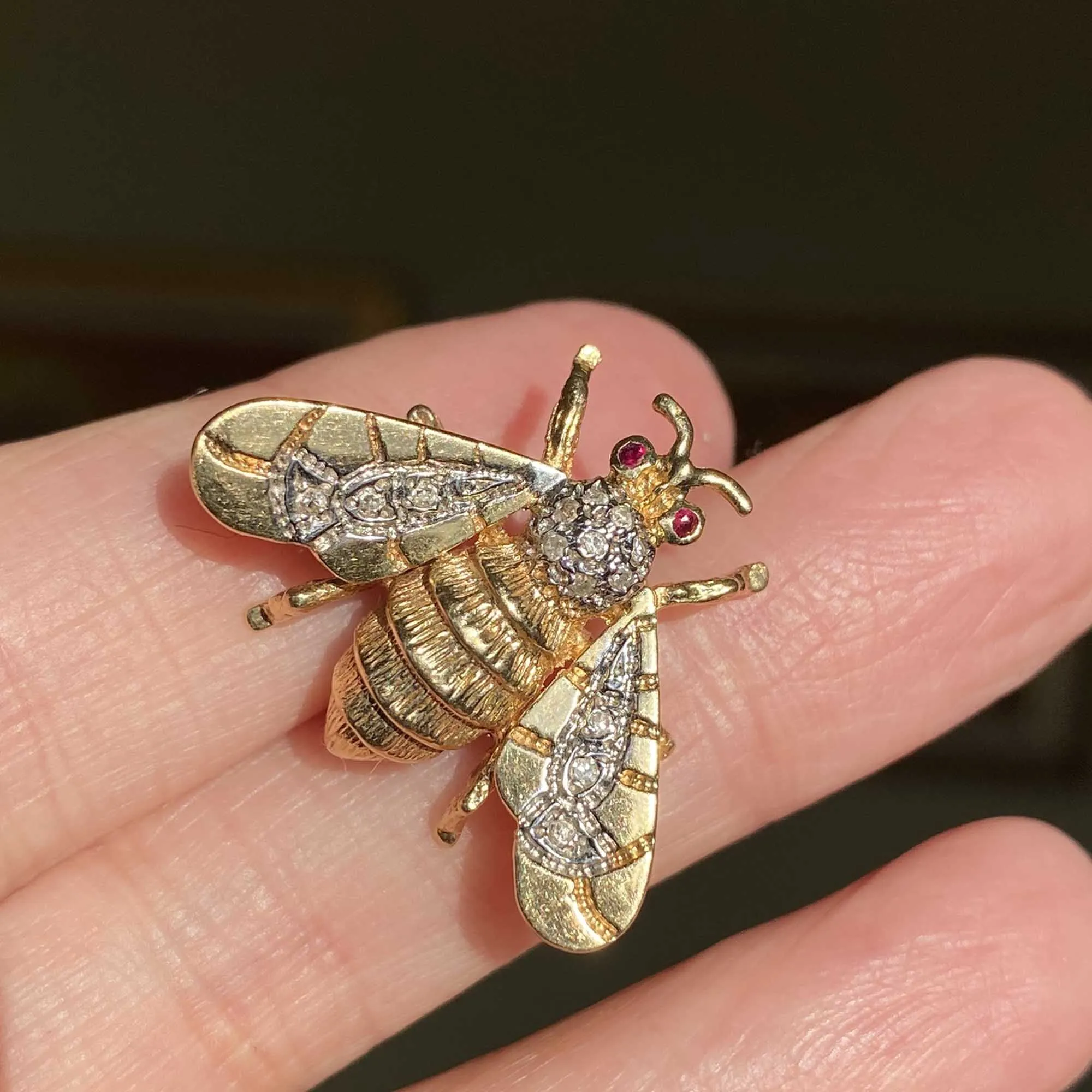 14K Gold Ruby Diamond Bumble Bee Brooch