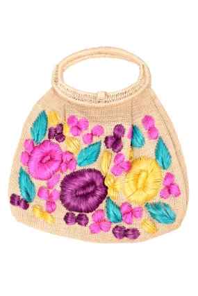 1960s Burlap Top Handle Handbag w/ Colorful Floral Embroidery