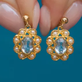 9ct Gold Aquamarine Pearl Cluster Drop Earrings 0.80ct