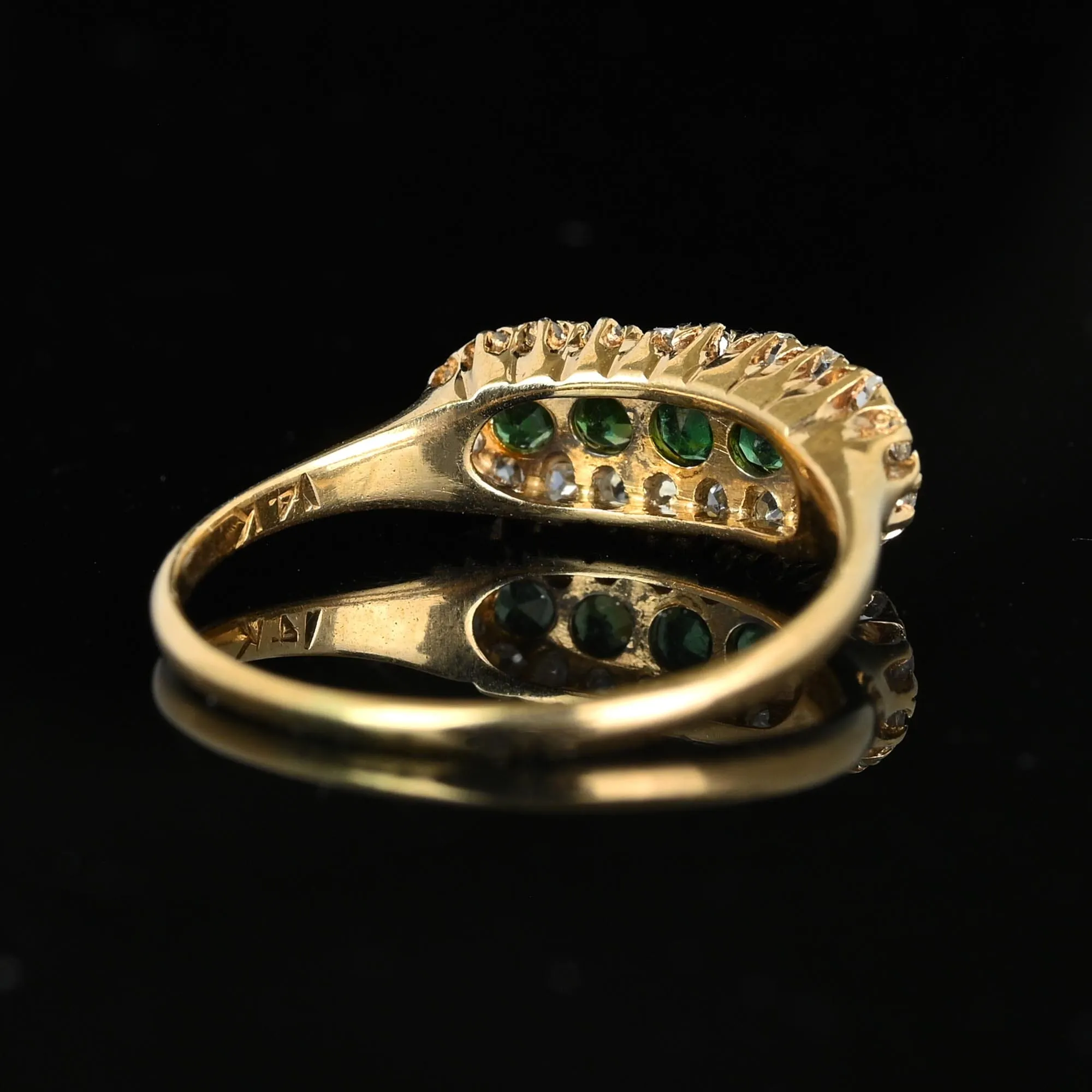 Antique 14K Gold Rose Cut Diamond Halo Emerald Ring, East West