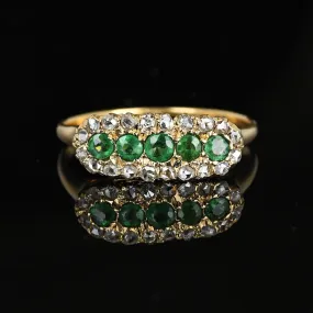 Antique 14K Gold Rose Cut Diamond Halo Emerald Ring, East West