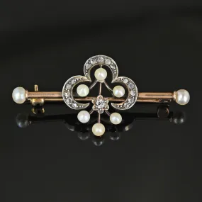 Antique 15K Gold Pearl & Rose Cut Diamond Brooch