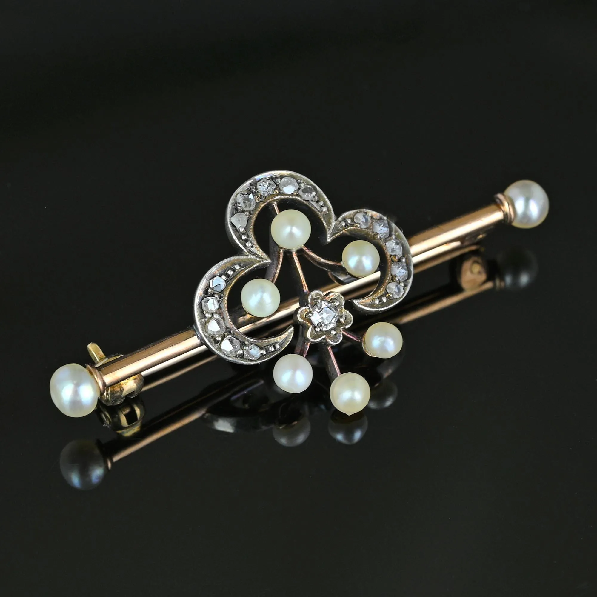 Antique 15K Gold Pearl & Rose Cut Diamond Brooch