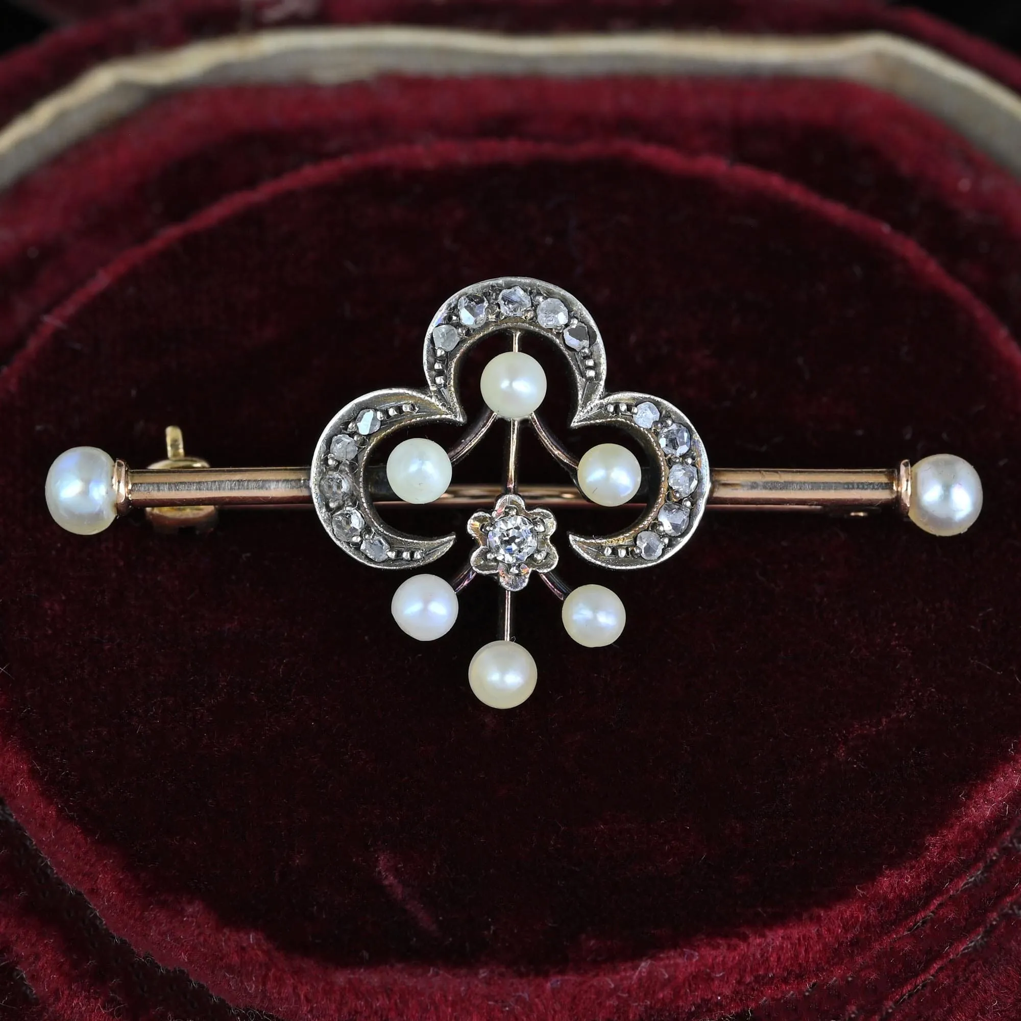 Antique 15K Gold Pearl & Rose Cut Diamond Brooch