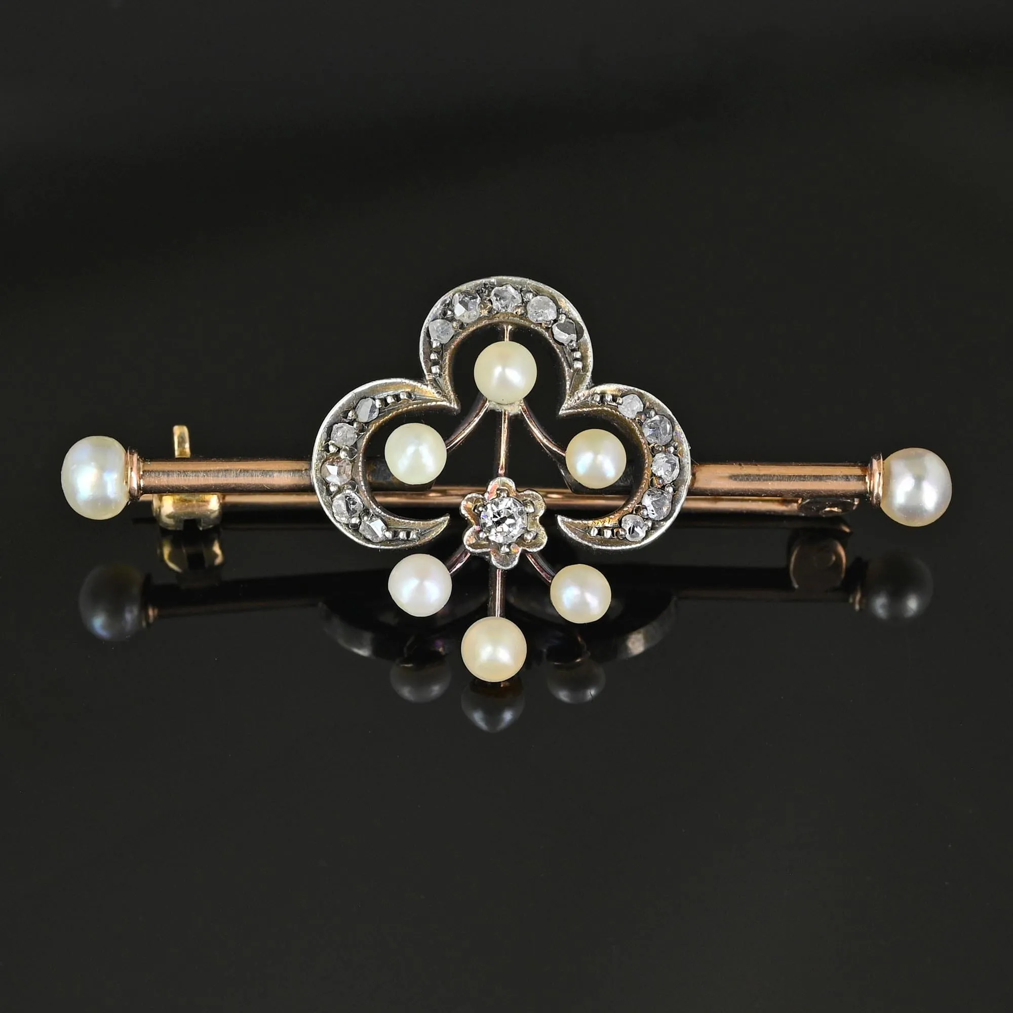 Antique 15K Gold Pearl & Rose Cut Diamond Brooch