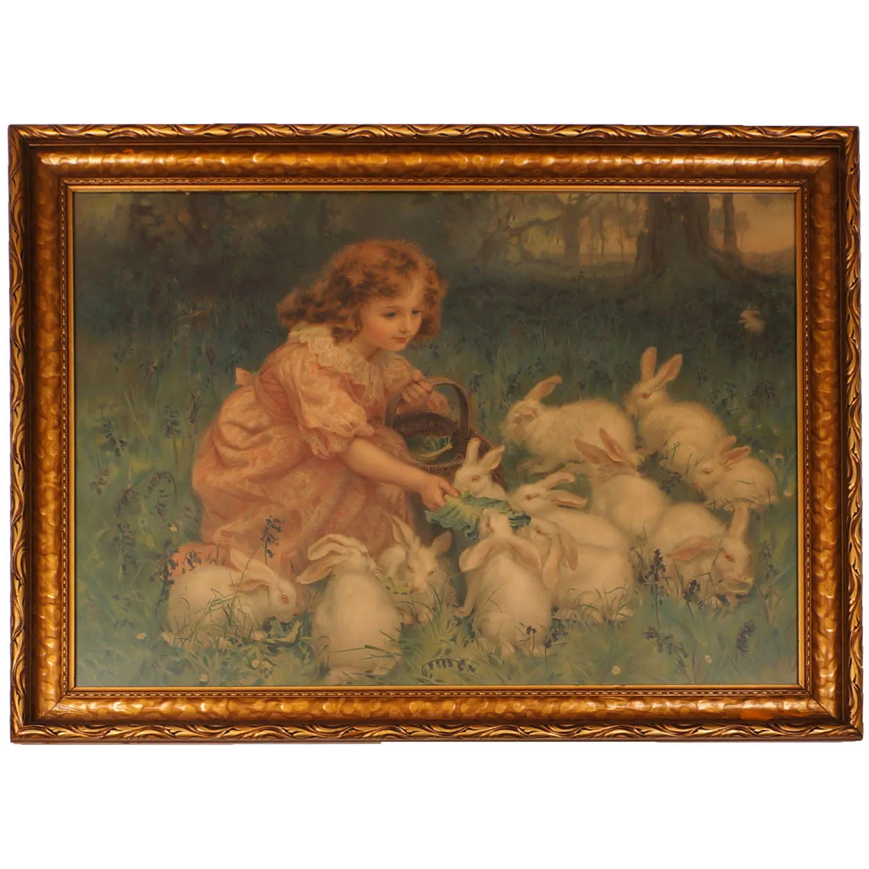 Antique Pears Soap Chromolitho Print Girl Feeding Rabbits 1904