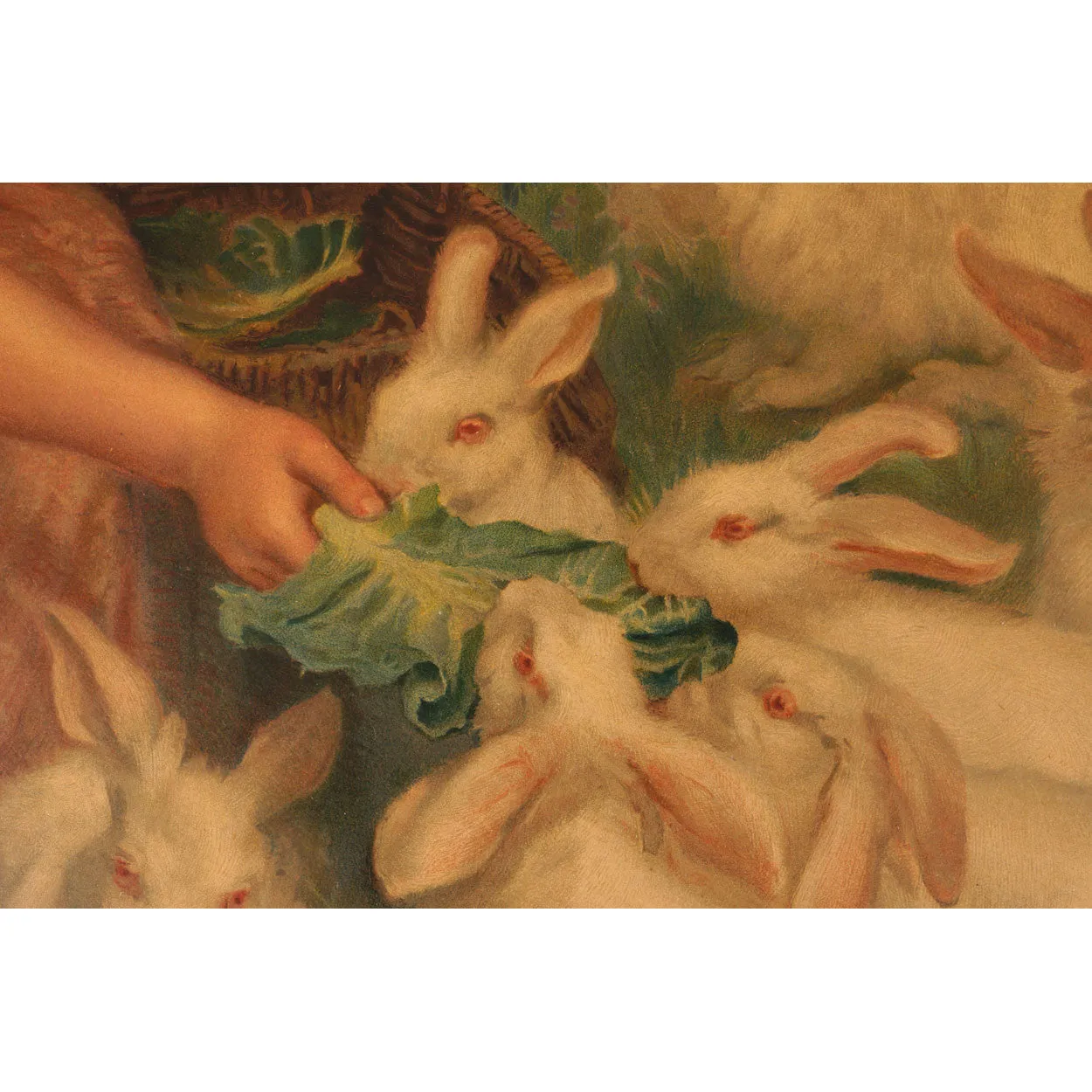 Antique Pears Soap Chromolitho Print Girl Feeding Rabbits 1904