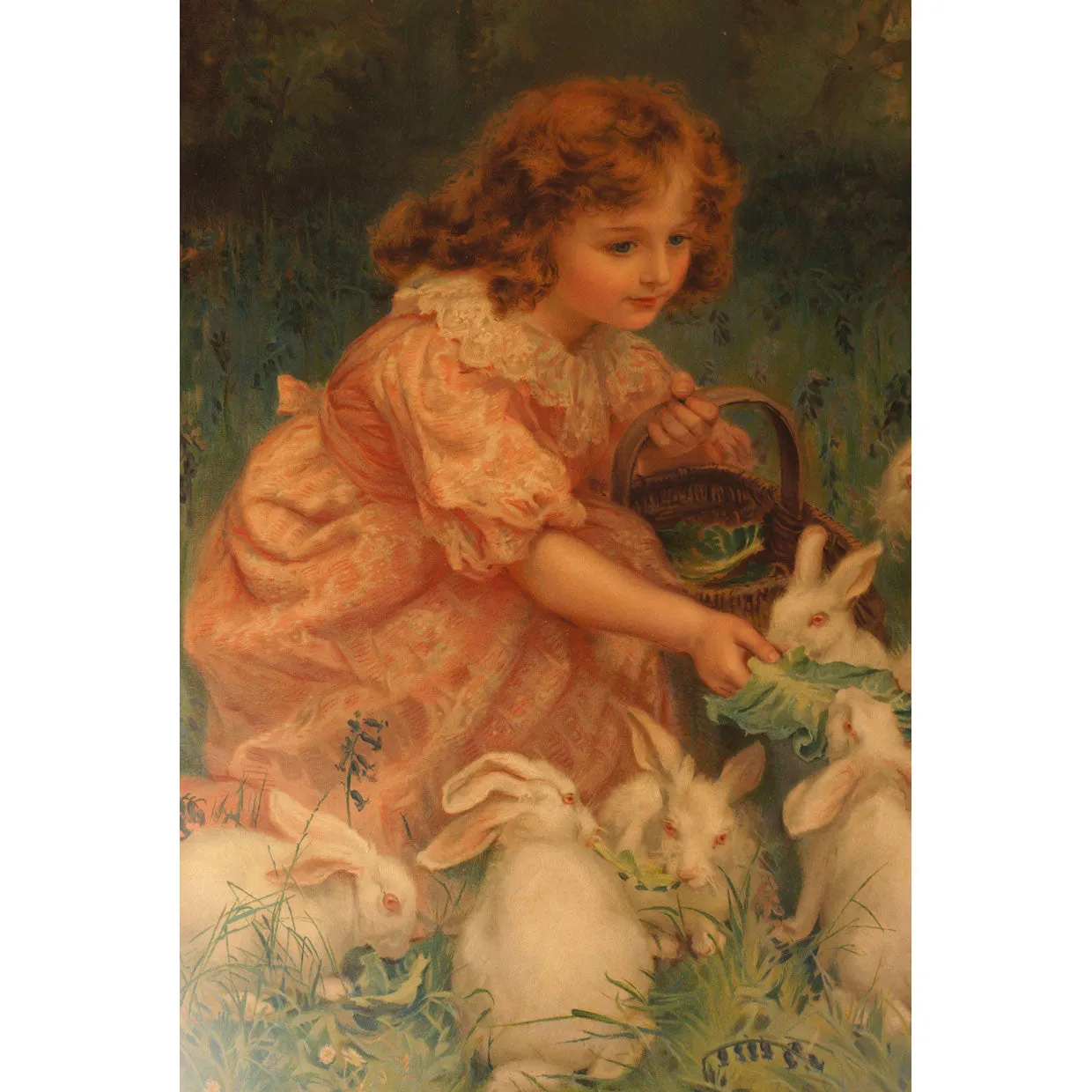 Antique Pears Soap Chromolitho Print Girl Feeding Rabbits 1904