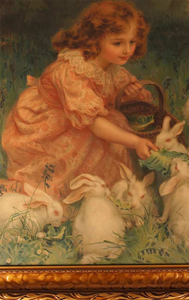 Antique Pears Soap Chromolitho Print Girl Feeding Rabbits 1904