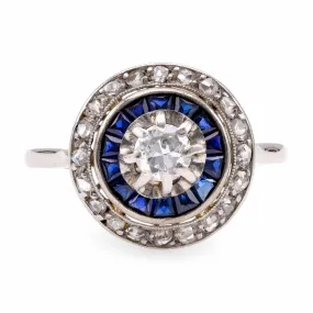 Art Deco Diamond Sapphire 14K White Gold Halo Ring