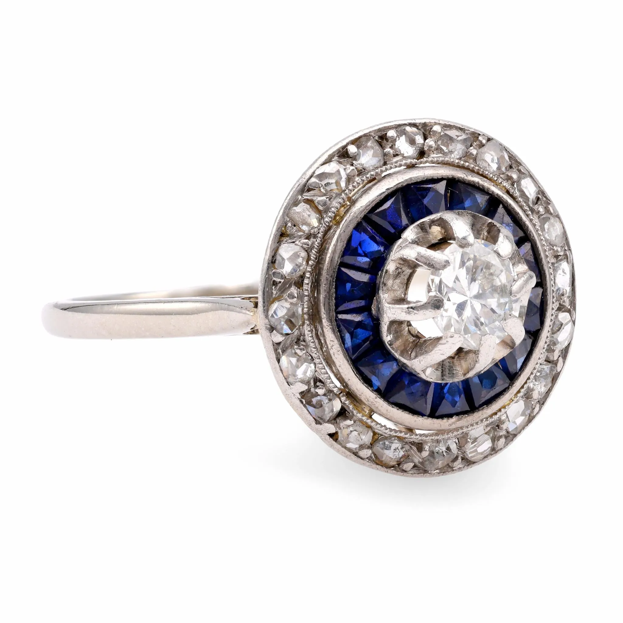 Art Deco Diamond Sapphire 14K White Gold Halo Ring