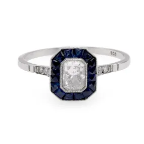 Art Deco Inspired .47 Carat Diamond Sapphire Platinum Ring