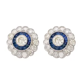 Art Deco Inspired Diamond Sapphire Platinum Halo Studs