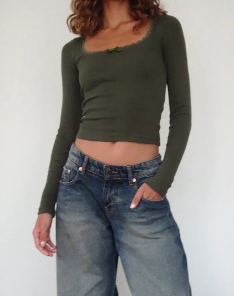 Bovita Long Sleeve Ribbed Top in Olive