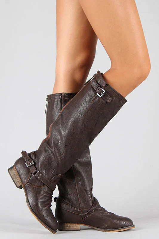 Breckelle Double Buckle Contrast Zipper Riding Knee High Boot