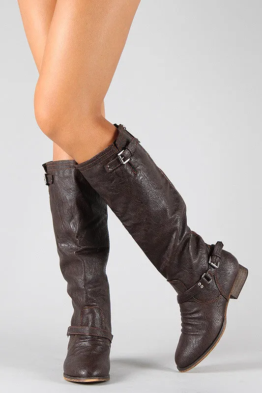 Breckelle Double Buckle Contrast Zipper Riding Knee High Boot