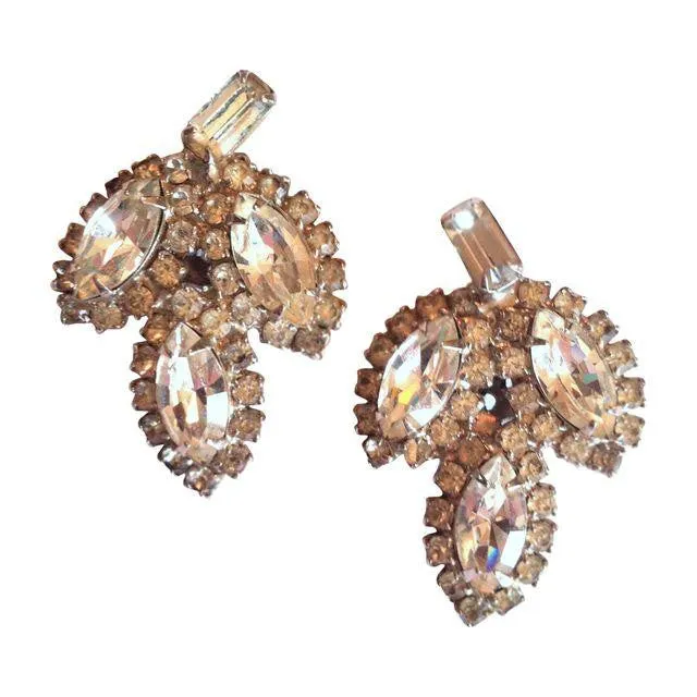 Bright Sparkling Large Leaf Shaped Rhinestone Clip Earrings circa 1950s