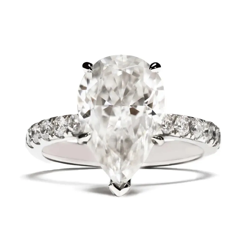 Clarissa Pear Moissanite Hidden Halo Accented with Pave Band Ring in 18K gold