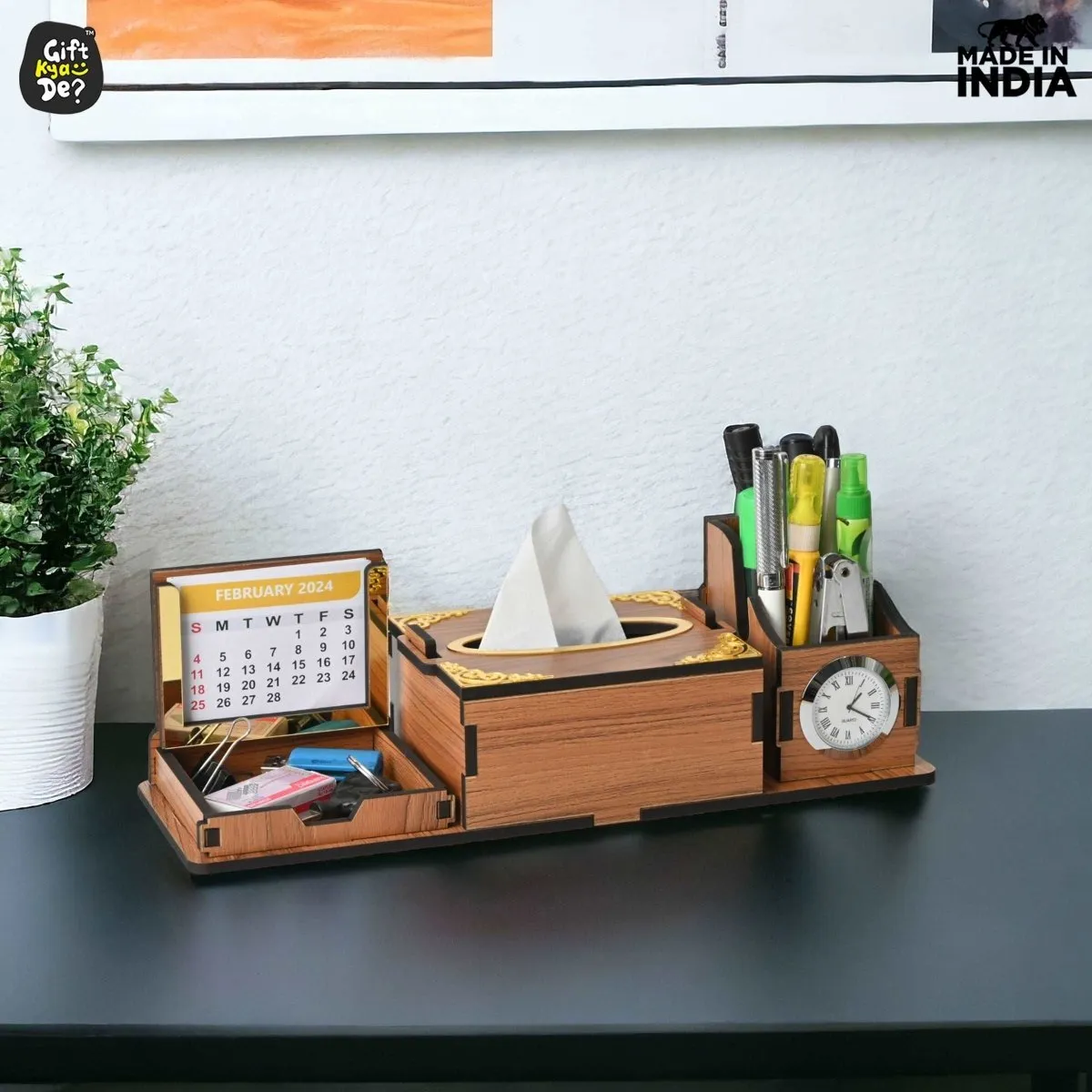 Desk Organizer With Clock and Calendar 2024 | Calendar With Tissue Box Holder | Free Tissue Paper Refill Pack (Ecofriendly)