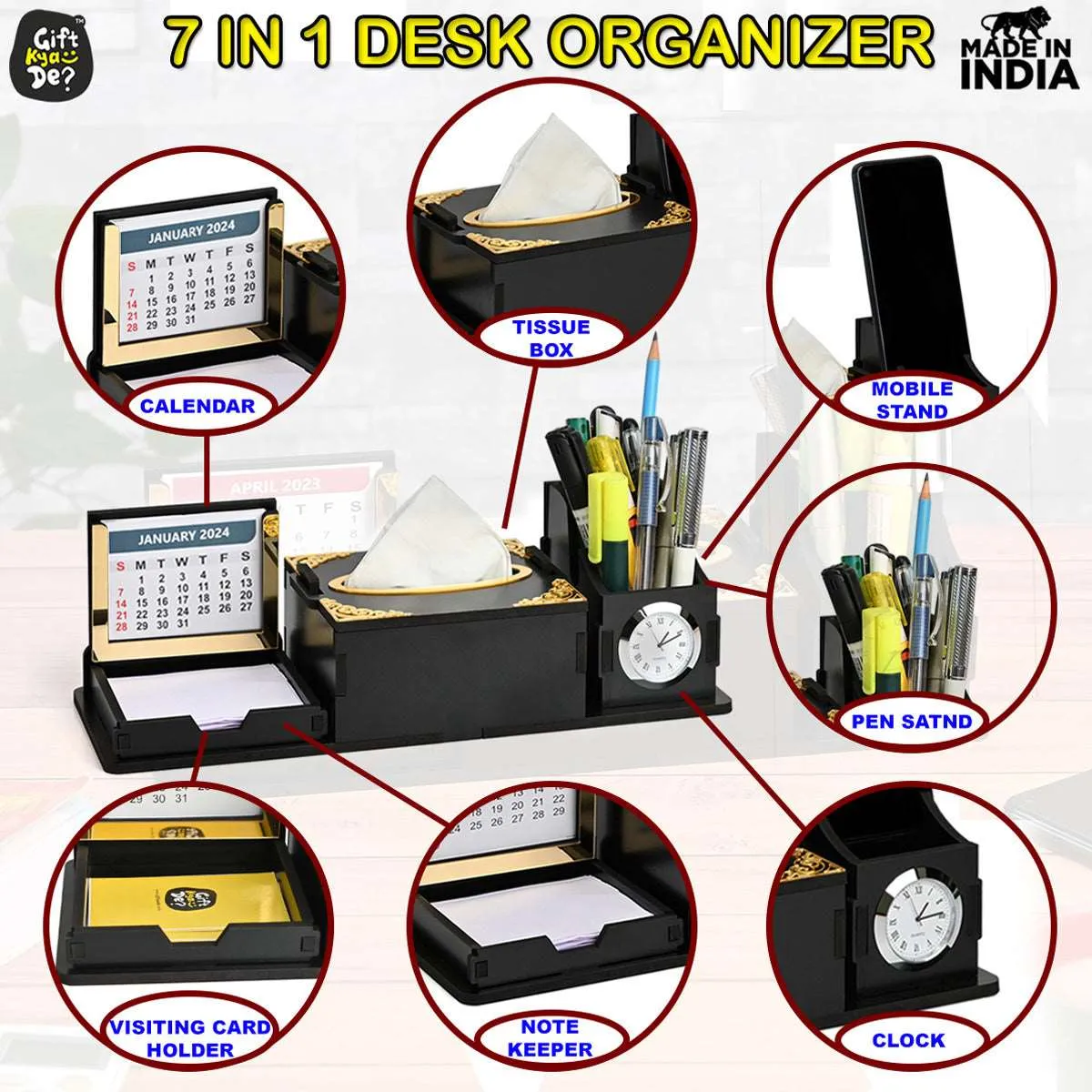 Desk Organizer With Clock and Calendar 2024 | Calendar With Tissue Box Holder | Free Tissue Paper Refill Pack (Ecofriendly)