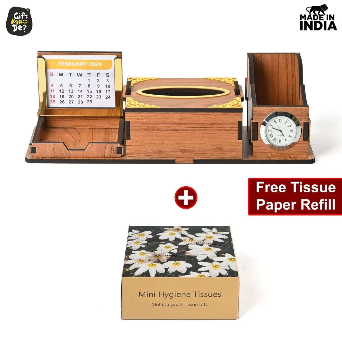 Desk Organizer With Clock and Calendar 2024 | Calendar With Tissue Box Holder | Free Tissue Paper Refill Pack (Ecofriendly)