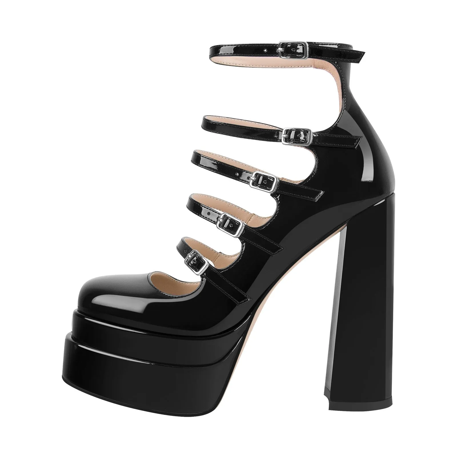 Double Platform Square Toe Chunky Heel Pumps