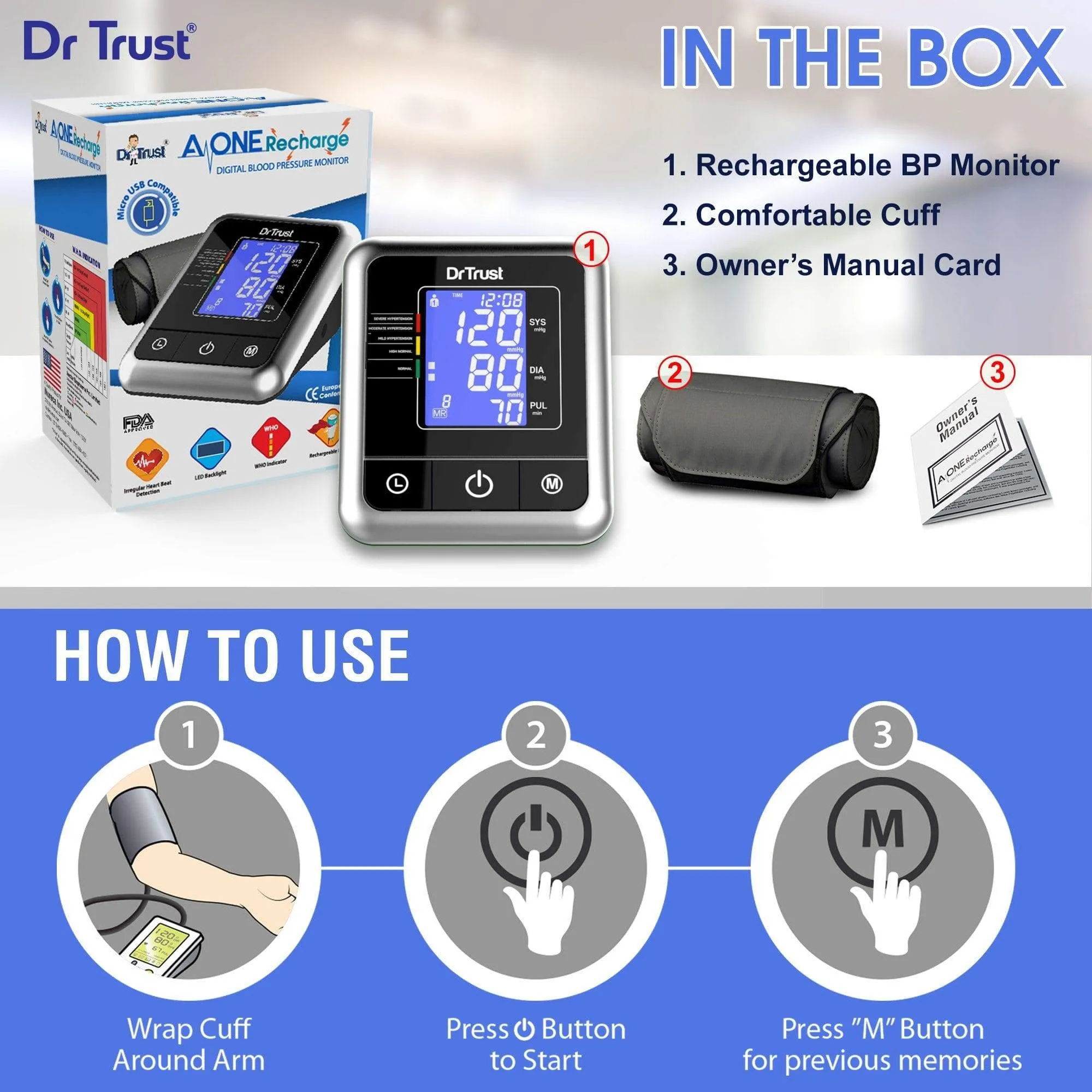 Dr Trust USA A-one Rechargeable Digital Blood Pressure Monitor