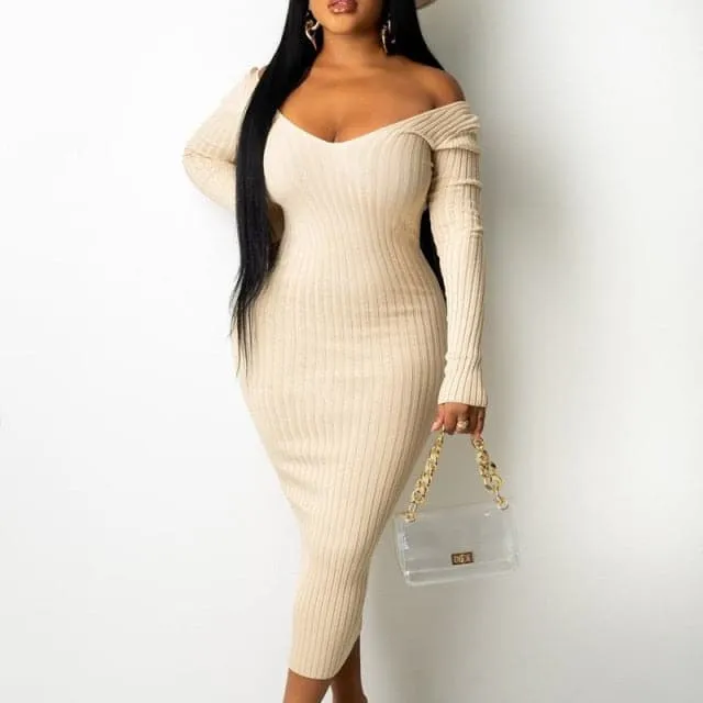 DressBetty - Sexy Strapless Ribbed Knitted Long Sleeve Sweater Dress