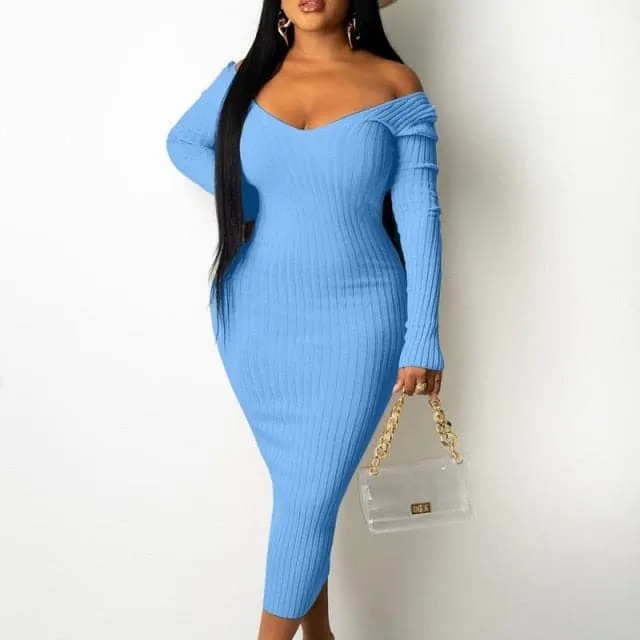 DressBetty - Sexy Strapless Ribbed Knitted Long Sleeve Sweater Dress