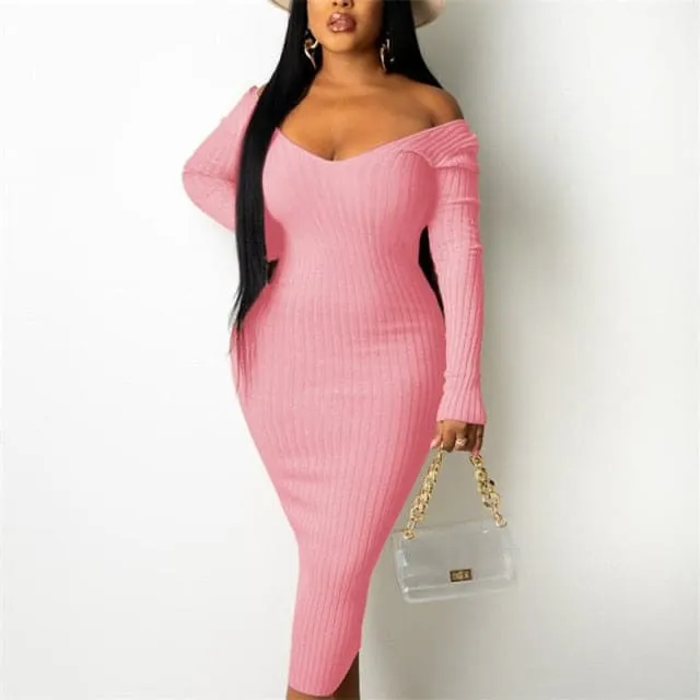 DressBetty - Sexy Strapless Ribbed Knitted Long Sleeve Sweater Dress