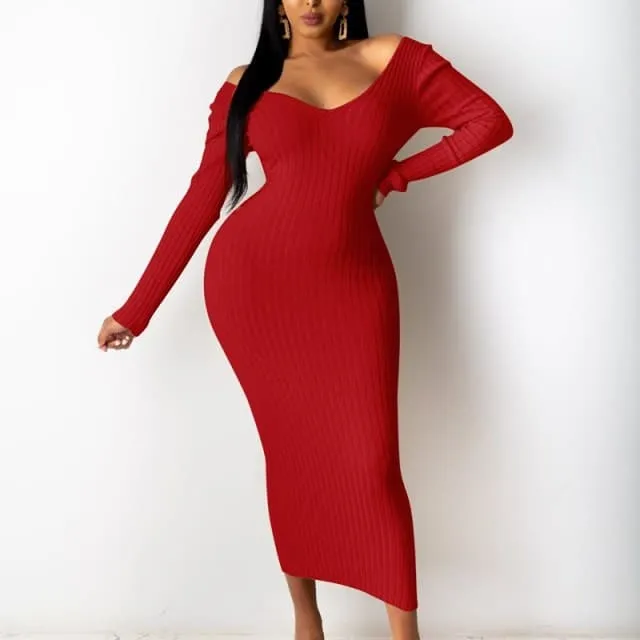 DressBetty - Sexy Strapless Ribbed Knitted Long Sleeve Sweater Dress