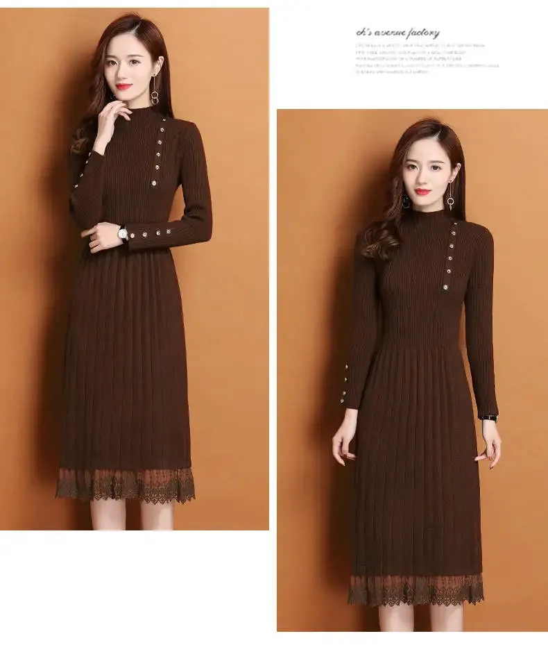 Lace Hem Buttons Women Autumn Winter Sweater Knitted a line Dresses Ribbed Slim Elastic Long Sleeve Lady Bodycon Midi Dresses