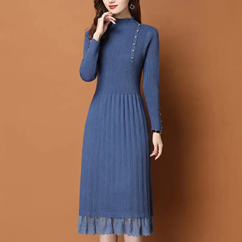 Lace Hem Buttons Women Autumn Winter Sweater Knitted a line Dresses Ribbed Slim Elastic Long Sleeve Lady Bodycon Midi Dresses