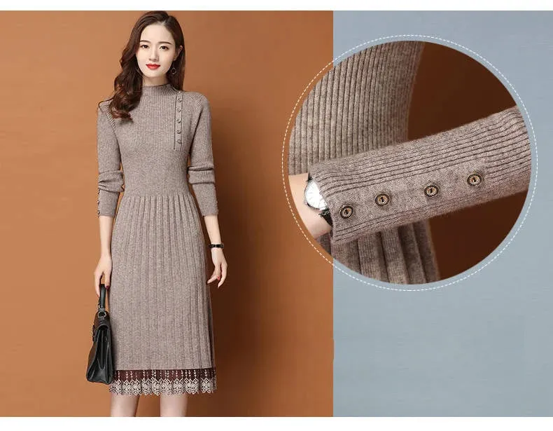 Lace Hem Buttons Women Autumn Winter Sweater Knitted a line Dresses Ribbed Slim Elastic Long Sleeve Lady Bodycon Midi Dresses