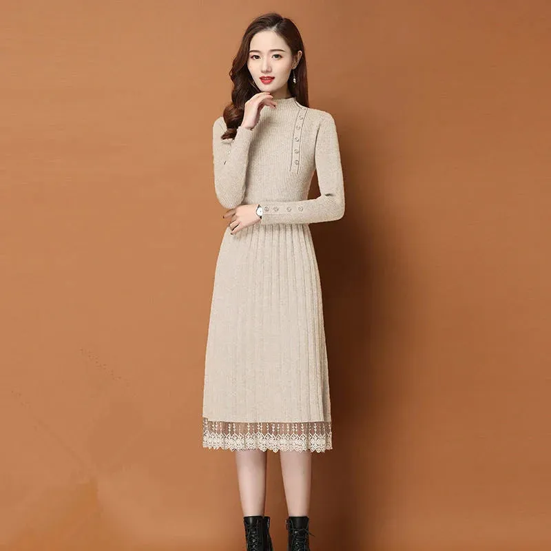 Lace Hem Buttons Women Autumn Winter Sweater Knitted a line Dresses Ribbed Slim Elastic Long Sleeve Lady Bodycon Midi Dresses