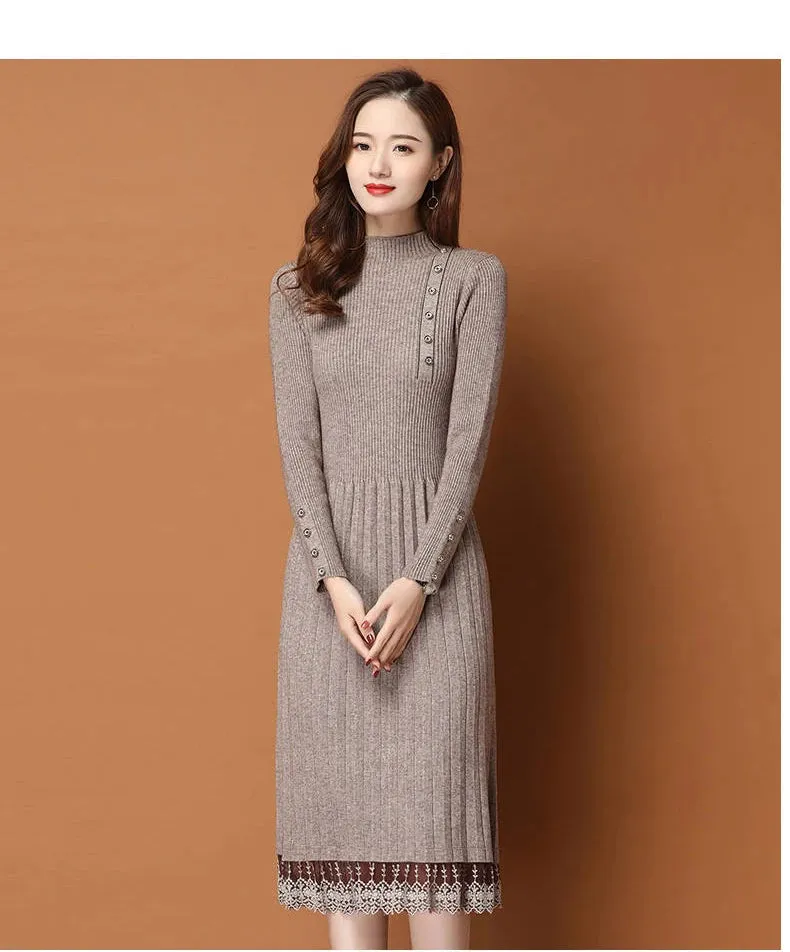 Lace Hem Buttons Women Autumn Winter Sweater Knitted a line Dresses Ribbed Slim Elastic Long Sleeve Lady Bodycon Midi Dresses