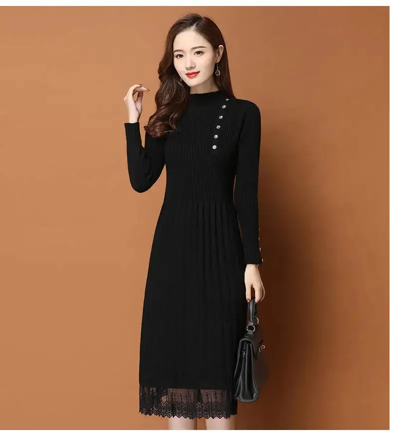 Lace Hem Buttons Women Autumn Winter Sweater Knitted a line Dresses Ribbed Slim Elastic Long Sleeve Lady Bodycon Midi Dresses