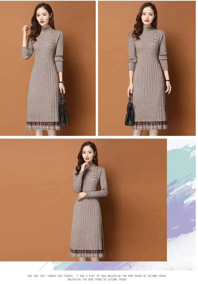 Lace Hem Buttons Women Autumn Winter Sweater Knitted a line Dresses Ribbed Slim Elastic Long Sleeve Lady Bodycon Midi Dresses