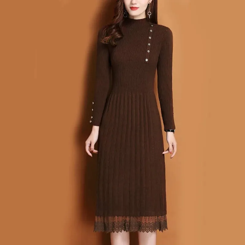 Lace Hem Buttons Women Autumn Winter Sweater Knitted a line Dresses Ribbed Slim Elastic Long Sleeve Lady Bodycon Midi Dresses