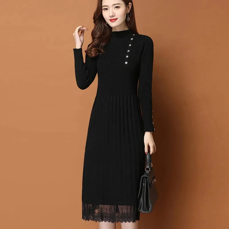 Lace Hem Buttons Women Autumn Winter Sweater Knitted a line Dresses Ribbed Slim Elastic Long Sleeve Lady Bodycon Midi Dresses