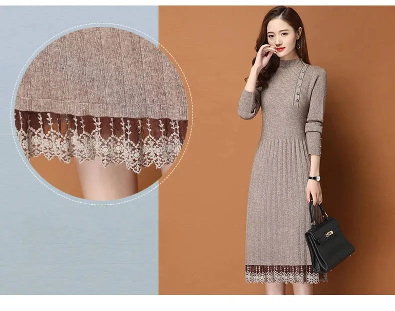 Lace Hem Buttons Women Autumn Winter Sweater Knitted a line Dresses Ribbed Slim Elastic Long Sleeve Lady Bodycon Midi Dresses