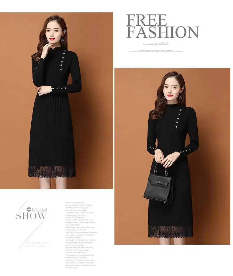 Lace Hem Buttons Women Autumn Winter Sweater Knitted a line Dresses Ribbed Slim Elastic Long Sleeve Lady Bodycon Midi Dresses