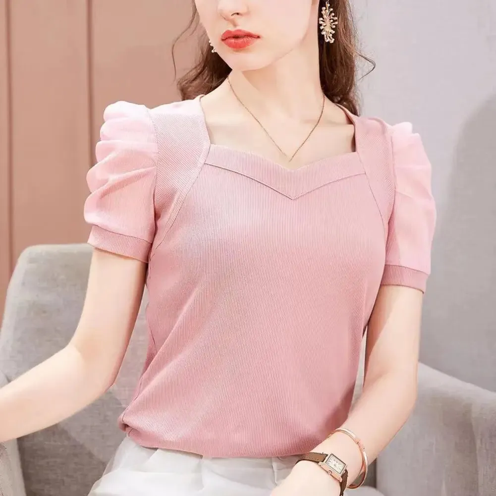 Modal 2024 Women Blouse Shirt Short Sleeve Casual Square Neck Blouse Elegant Office Lady Cooling Work Blouse T-shirt Women Shirt