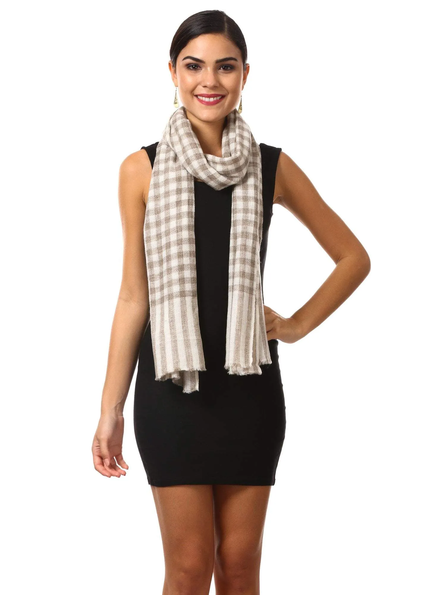 Pashtush Cashmere Wool Blended Muffler - White And Beige Chess