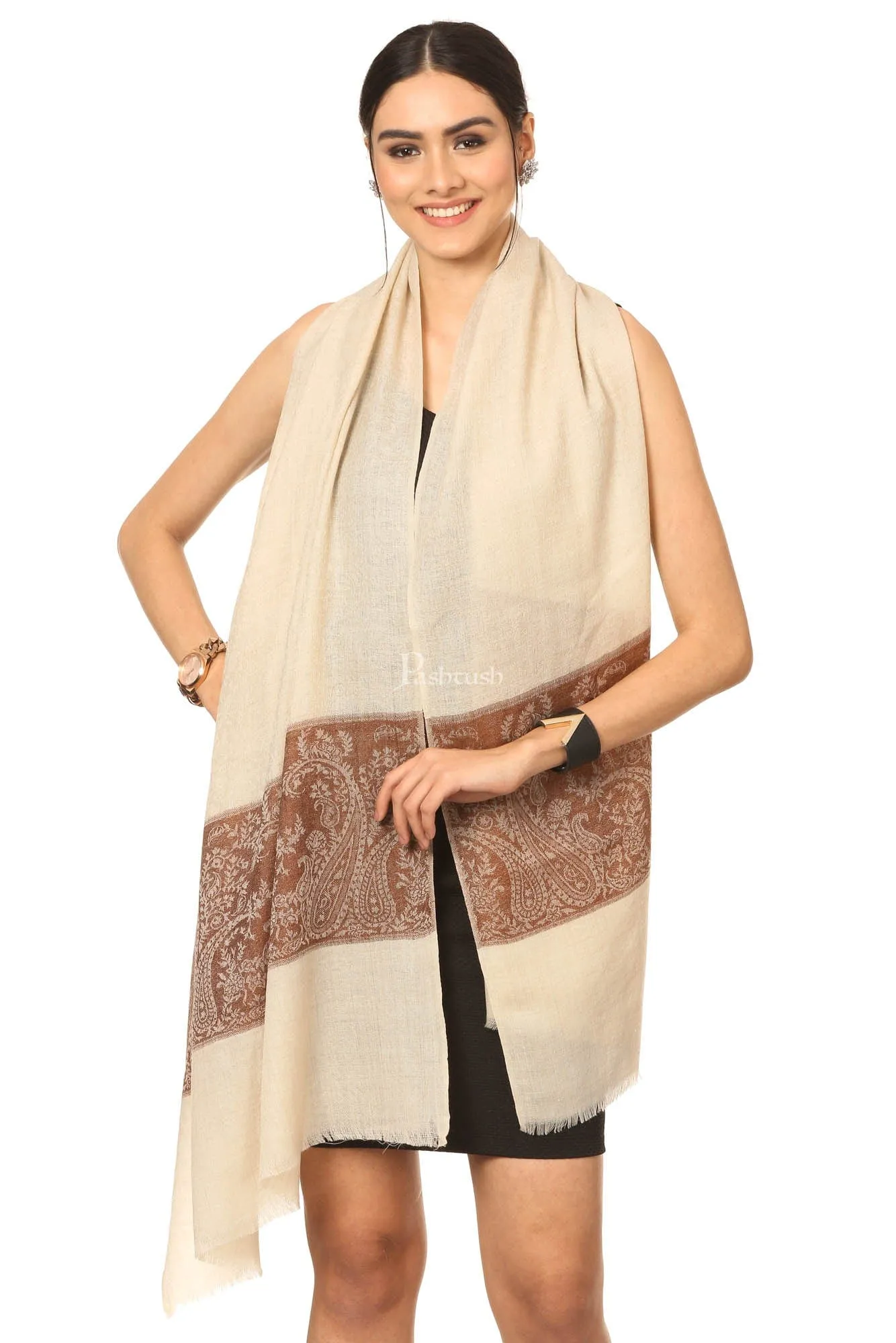 Pashtush Fine Wool Luxury Striped Design Scarf, Stole, Weaving Design - Coffee