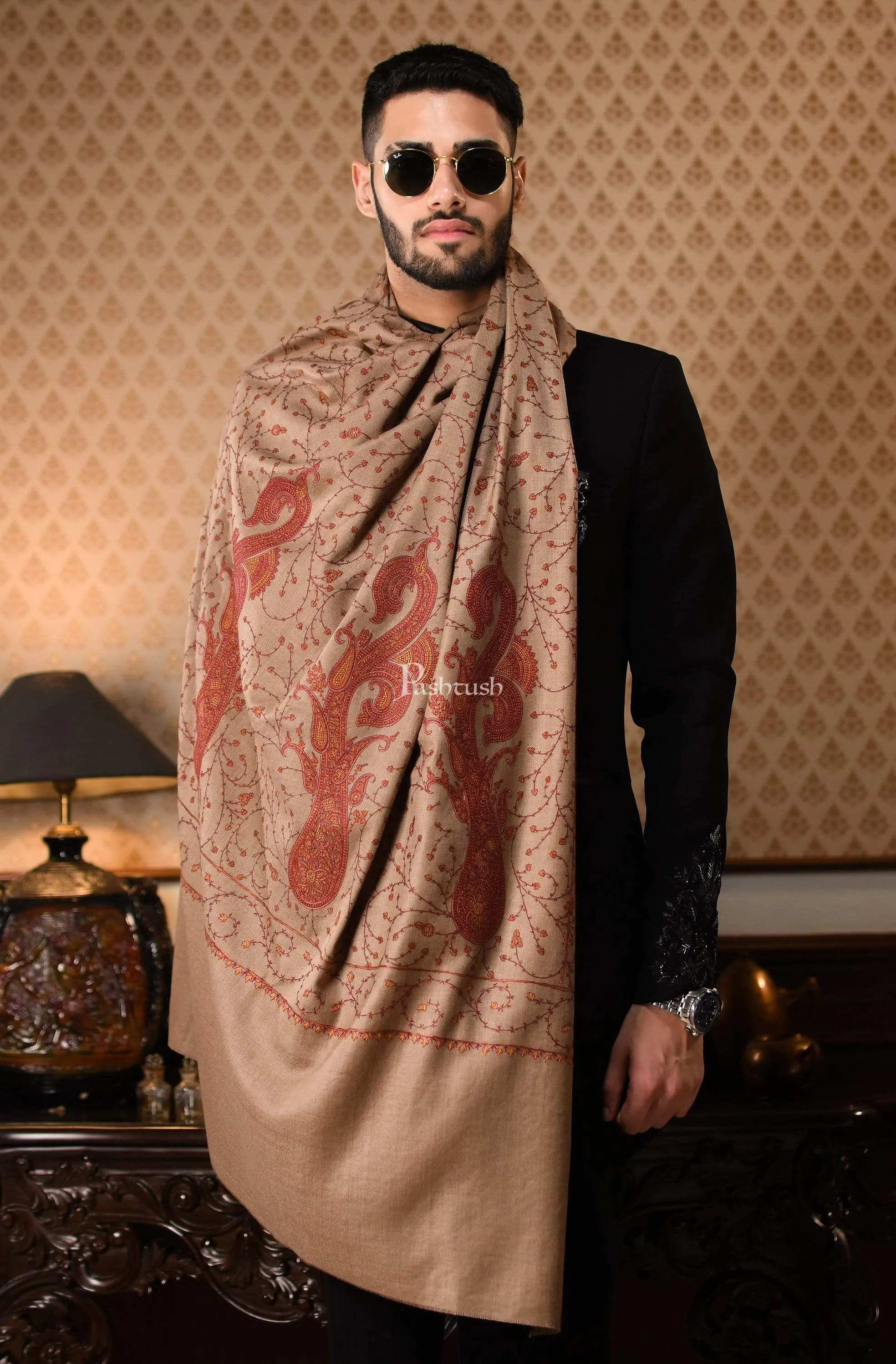 Pashtush Fine Wool Mens Embroidery Shawl