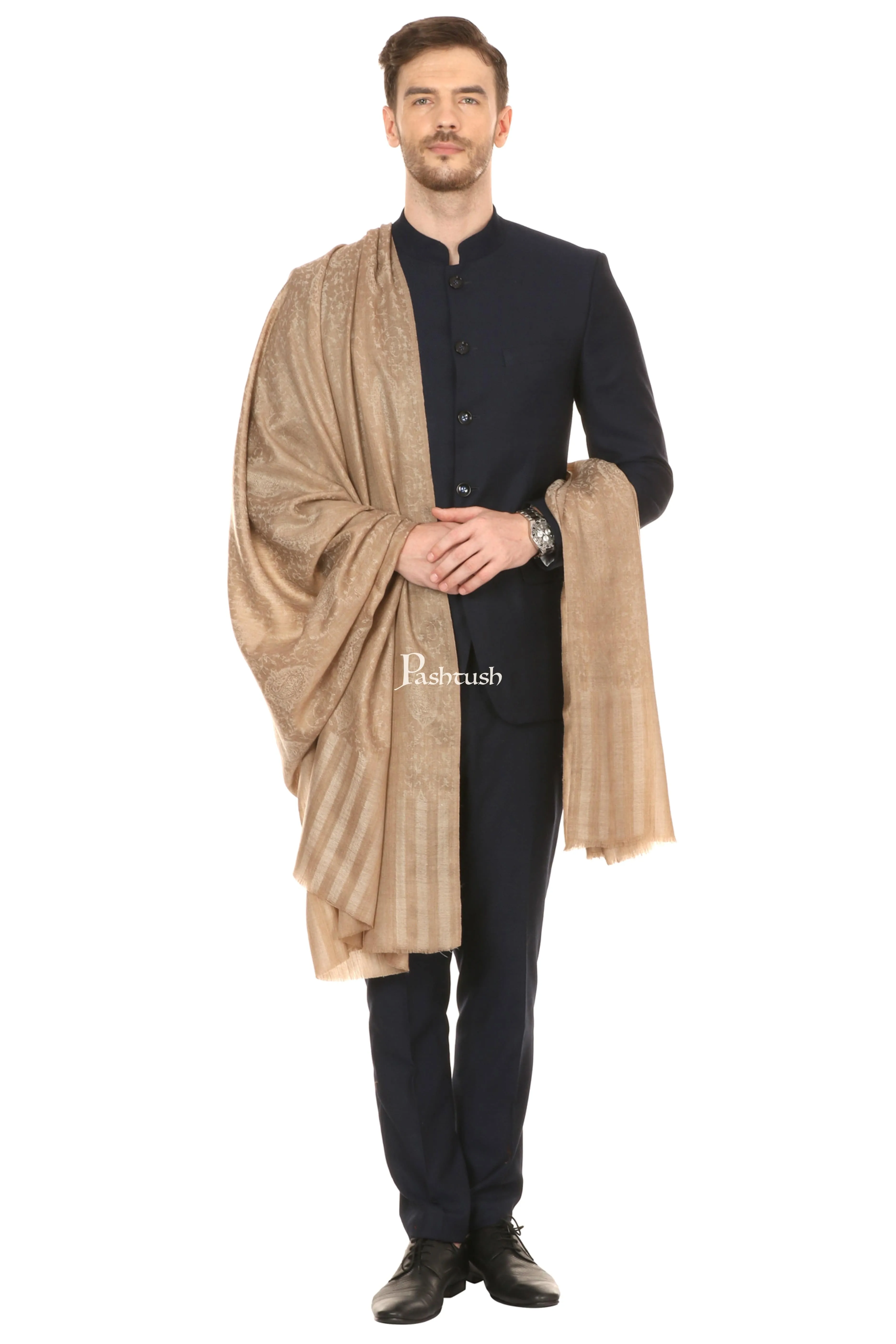 Pashtush His And Her Set Of Fine Wool Shawls With Premium Gift Box Packaging, Beige