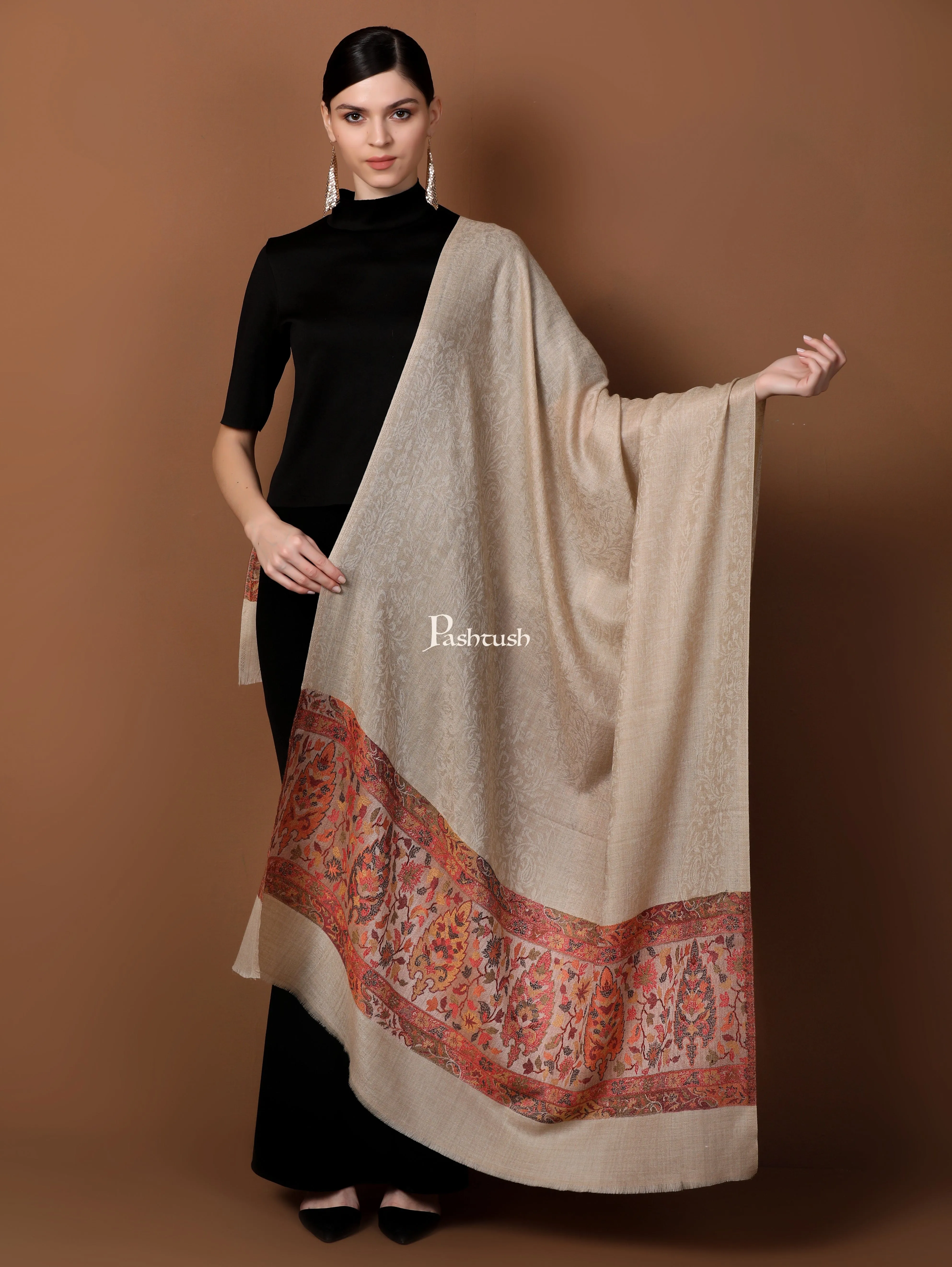 Pashtush His And Her Set Of Fine Wool Shawls With Premium Gift Box Packaging, Beige