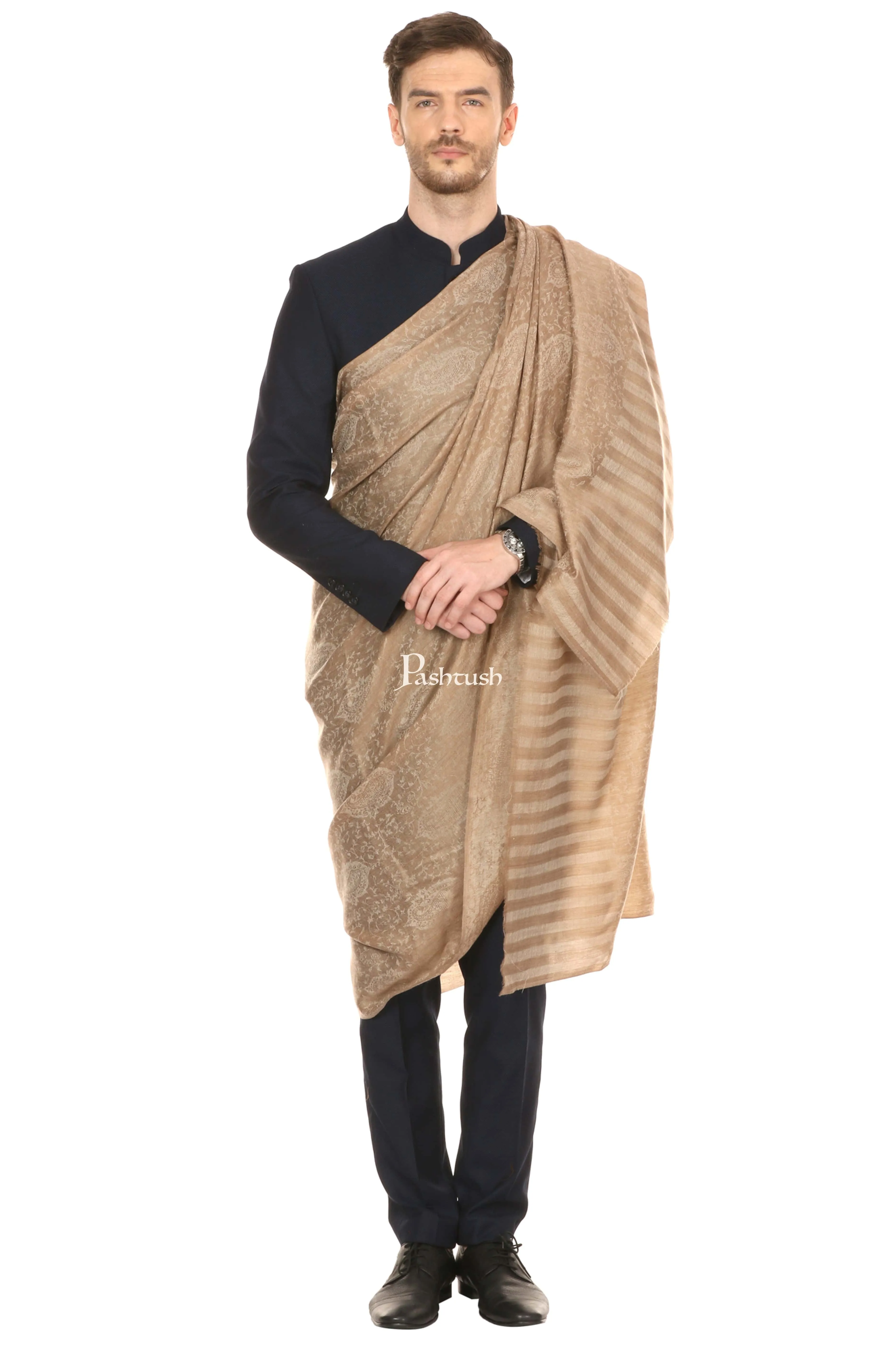 Pashtush His And Her Set Of Fine Wool Shawls With Premium Gift Box Packaging, Beige